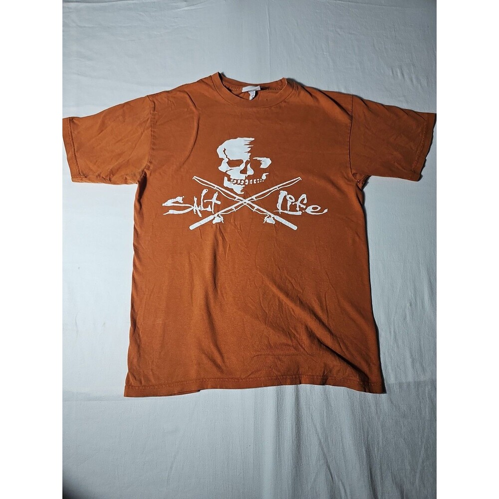Salt Life Men's T-Shirt Orange Skull Crossed Fishing Rods Graphic Tee